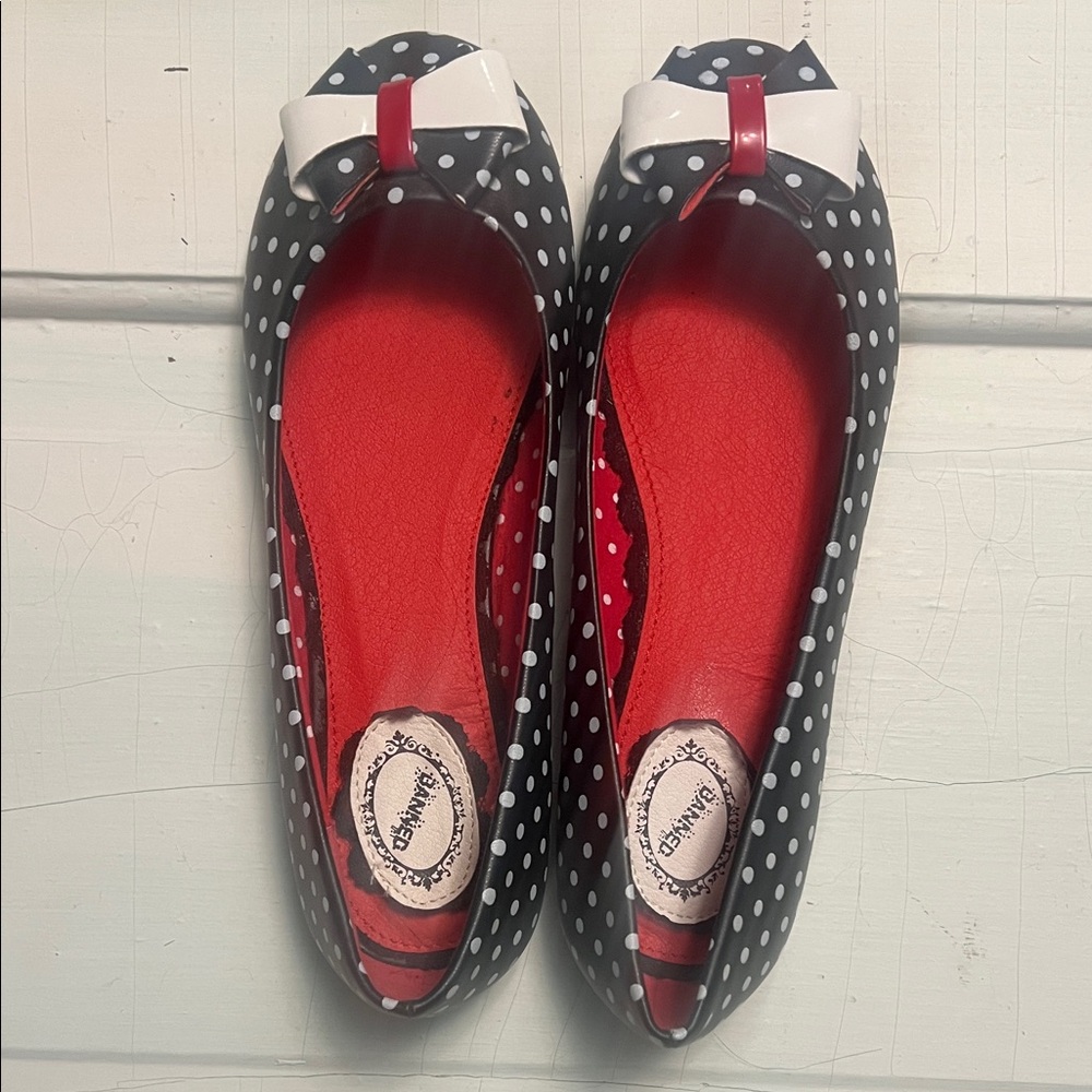 Banned Charming Black and White Polka Dot Flats with Red Interior